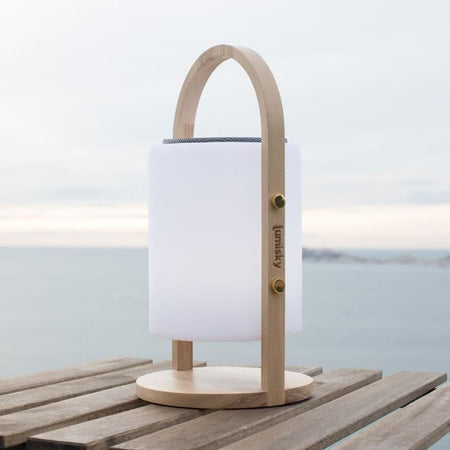 Lampada speaker bluetooth senza fili - LUMISKY - WOODY PLAY - H37 cm - Manico in legno - LED bianco e multicolor dimmerabile