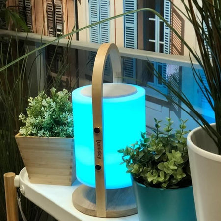 Lampada speaker bluetooth senza fili - LUMISKY - WOODY PLAY - H37 cm - Manico in legno - LED bianco e multicolor dimmerabile