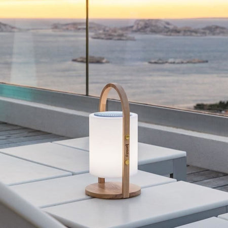 Lampada speaker bluetooth senza fili - LUMISKY - WOODY PLAY - H37 cm - Manico in legno - LED bianco e multicolor dimmerabile