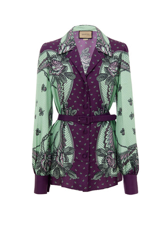 Gucci Camicia in Seta con Stampa Verde Menta e Viola da donna