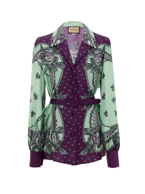 Gucci Camicia in Seta con Stampa Verde Menta e Viola da donna