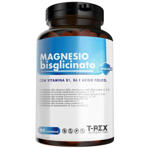 T-Rex Integratori Magnesio Bisglicinato 375mg con Vitamina B6, B1 e Acido Folico - 90 compresse - Sistema nervoso, Energia, Muscoli e Ossa