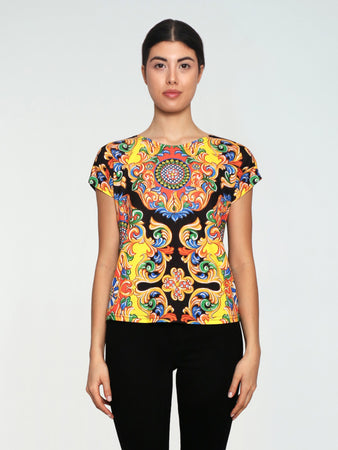 T-Shirt Donna Mezze Maniche Girocollo Stampa Multicolore barocco nero