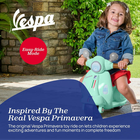 CHICCO Vespa - modello Bambini Primavera colore VERDE ACQUA, Moto Giocattolo Cavalcabile con Pannello Elettronico, Luci e Suoni, Ruote di Supporto Rimuovibili, Max 25 Kg - Giochi per Bambini 1-3 Anni