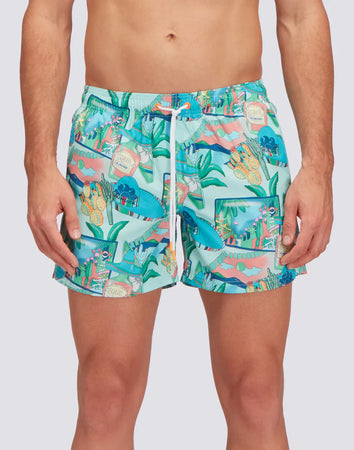 Sundek Costume uomo corto con vita elasticata Repreve con stampa greetings from Mexico