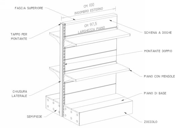 Modulo continuativo scaffale a parete da negozio di cm. 100x50x140h