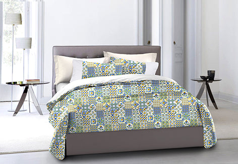 Set Copripiumino Federe Bifaccia Parure Copripiumino in Cotone Made in Italy MAIOLICHE SICILIANE / BIANCO