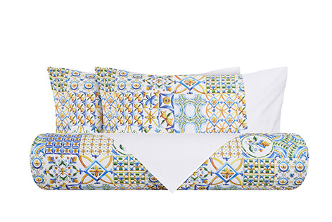 Set Copripiumino Federe Bifaccia Parure Copripiumino in Cotone Made in Italy MAIOLICHE SICILIANE / BIANCO