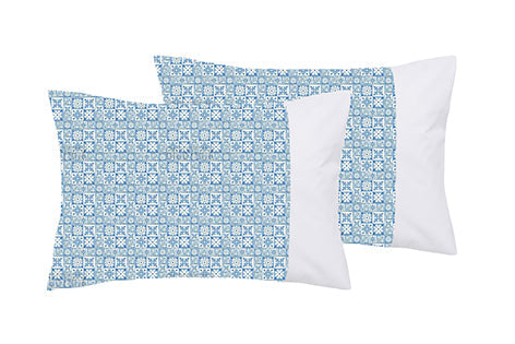 Set Copripiumino Federe Bifaccia Parure Copripiumino in Cotone Made in Italy MAIOLICHE QUADRETTI BLU / BIANCO