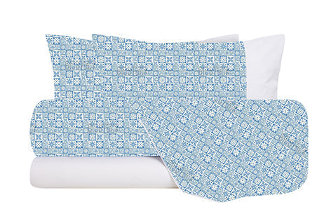 Completo letto lenzuola federe bifaccia double face stampa digitale in cotone made in italy  MAIOLICHE QUADRETTI BLU/BIANCO