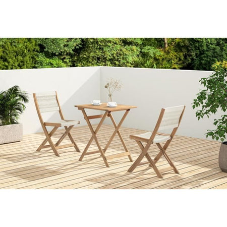 Set da bistrot pieghevole in legno di acacia FSC con intreccio in corda beige - 2 persone - MAKENA