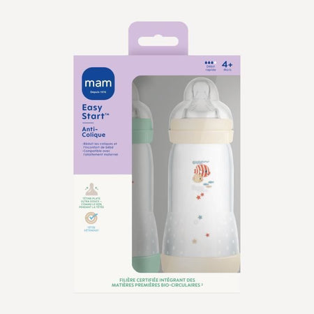 Set 2 Biberon - MAM - Easy Start - Anti-Colica Classico - 320 ml - Portata 3 tettarella - Menta + Cotone