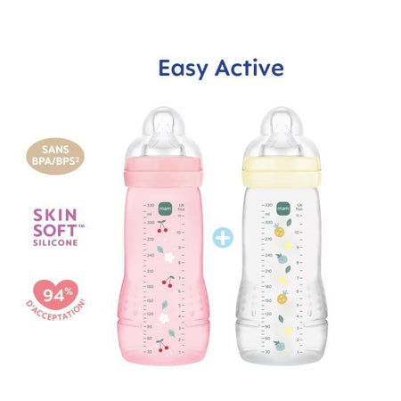 Set 2 Biberon - MAM BABY - Easy Active - +6 mesi - 330 ml - Tettarella X flusso - Berry + Pearl