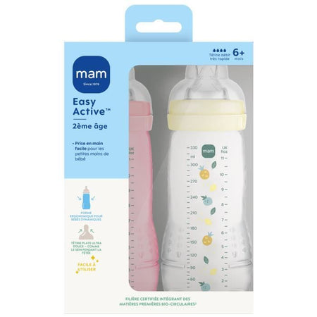 Set 2 Biberon - MAM BABY - Easy Active - +6 mesi - 330 ml - Tettarella X flusso - Berry + Pearl