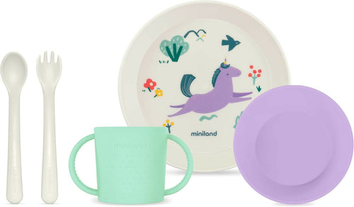 MINILAND Learning tableware Dream - set pappa educativo - bicchiere con manici, piatto piano, ciotola piatto fondo, posate - unicorno
