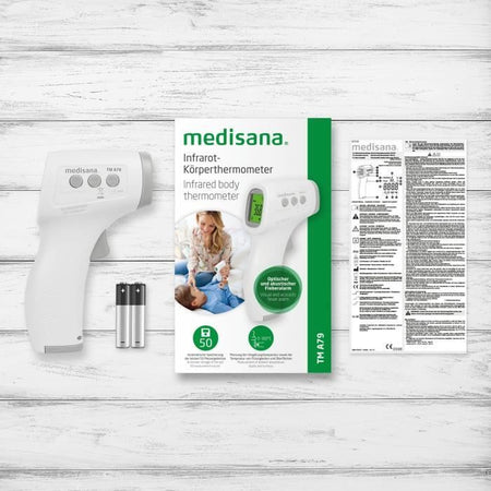Termometro senza contatto TM A79 medisana. Allarmi visivi (3 colori) e acustici. Dispositivo medico certificato. 50 ricordi.