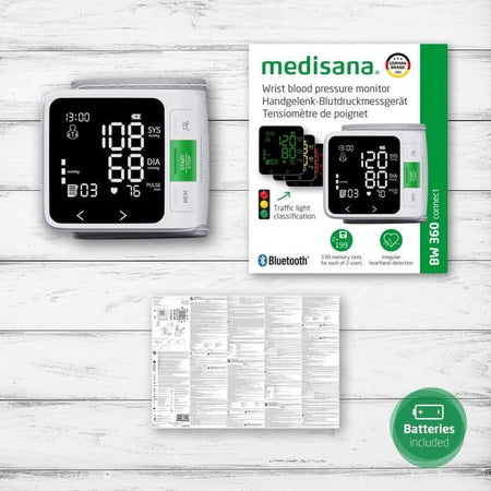Misuratore di pressione sanguigna da polso connesso - MEDISANA - BW 360 - 1,5 V - Dispositivo medico certificato - Bianco