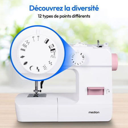 Macchina da cucire - MEDION - SM 70 - 71W - 12 punti - 700 giri/min - LED - Rosa