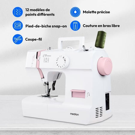 Macchina da cucire - MEDION - SM 70 - 71W - 12 punti - 700 giri/min - LED - Rosa
