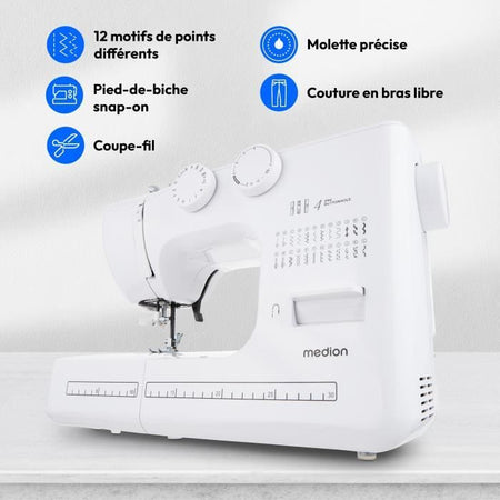 Macchina da cucire - MEDION - SM 60 - 62W - 24 punti + punti doppi - 700 giri/min - LED - Bianco