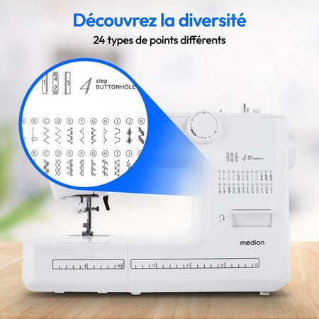 Macchina da cucire - MEDION - SM 60 - 62W - 24 punti + punti doppi - 700 giri/min - LED - Bianco