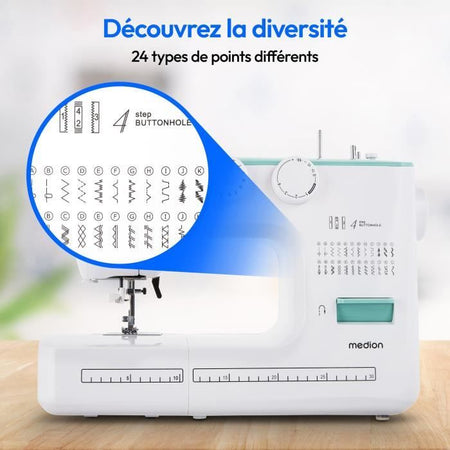 Macchina da cucire - MEDION - SM 60 - 62W - 24 punti + punti doppi - 700 giri/min - LED - Turchese