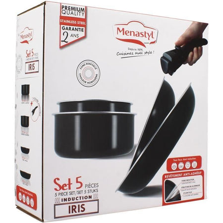Set di pentole - Induzione - MENASTYL - 6020437 - Alluminio antiaderente - 5 pezzi - Manico rimovibile - Nero