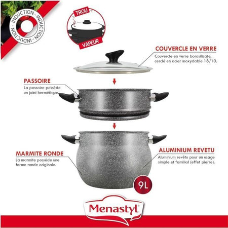 Couscoussier - MENASTYL - 6020033 - Alluminio effetto marmo - 9 litri - Adatto a tutti i piani cottura, compresa l'induzione