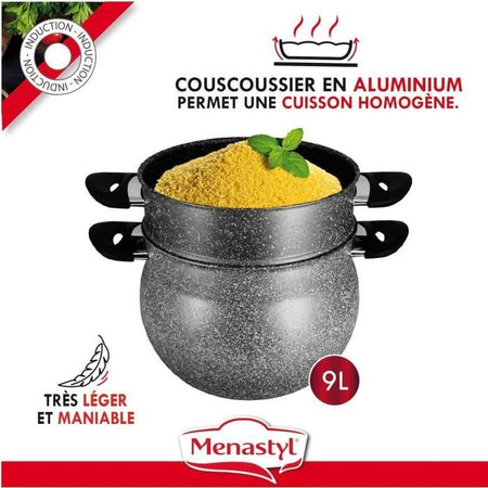 Couscoussier - MENASTYL - 6020033 - Alluminio effetto marmo - 9 litri - Adatto a tutti i piani cottura, compresa l'induzione