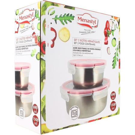 Set di 2 contenitori ermetici con coperchio - MENASTYL - 5040178 - Acciaio inossidabile - Rotondi - 15 e 20 cm - Adatto al microonde