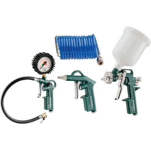METABO - Set di attrezzi per aria compressa LPZ 4 (pistola di soffiaggio, pistola per gonfiaggio pneumatici, pistola per vernice con tubo a spirale, connettore