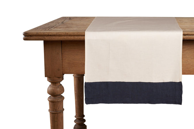 Runner in misto lino  con elegante bordo applicato made in italy  NATURALE/BLU NOTTE