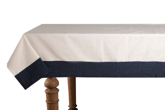 Tovaglia in misto lino con elegante bordo applicato made in italy NATURALE/BLU NOTTE