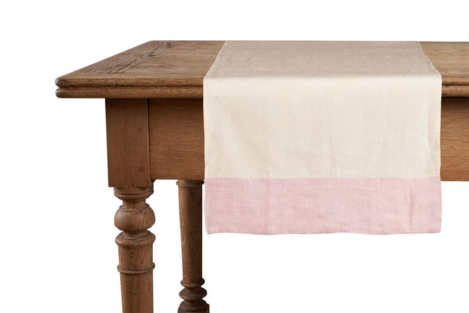 Runner in misto lino  con elegante bordo applicato made in italy  NATURALE/ROSA PERLA