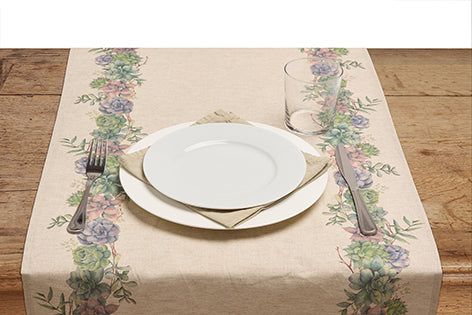 Runner da tavola in misto lino stampa floreale fiori morbido resistente elegante made in italy  SUCCULENTE - Vanita di raso