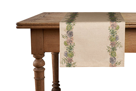 Runner da tavola in misto lino stampa floreale fiori morbido resistente elegante made in italy  SUCCULENTE - Vanita di raso