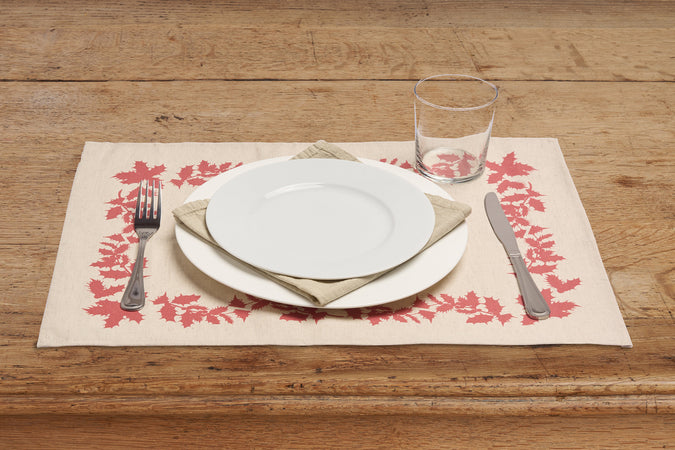 Set di 2 tovagliette americane natalizie coppia tovagliette 35 X 50 CM in misto lino decoro natale morbide resistenti made in italy AGRIFOGLIO ROSSO - Vanita di raso