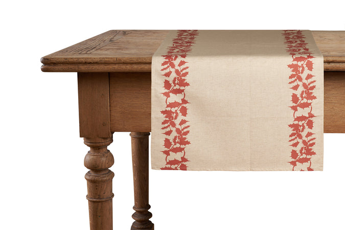 Runner da tavola feste natale natalizia in misto lino decoro natale natalizio morbido resistente elegante made in italy AGRIFOGLIO ROSSO - Vanita di raso