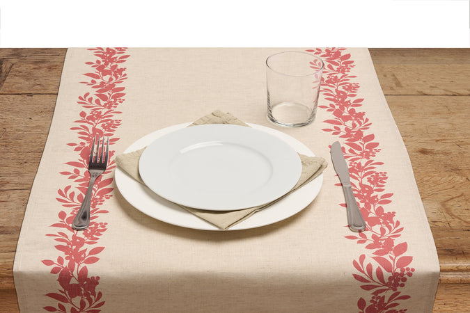 Runner da tavola feste natale natalizia in misto lino decoro natale natalizio morbido resistente elegante made in italy BACCHE ROSSE - Vanita di raso