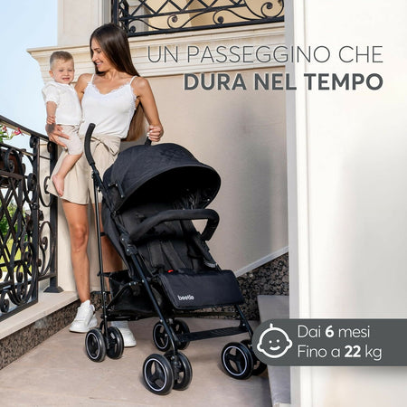 KIKKABOO Passeggino BEETLE - Passeggino da viaggio omologato fino a 22 kg - Pieghevole, Leggero, Compatto, colore NERO - telaio in alluminio, Chiusura Compatta, Schienale Reclinabile e Regolabile, Poggiagambe