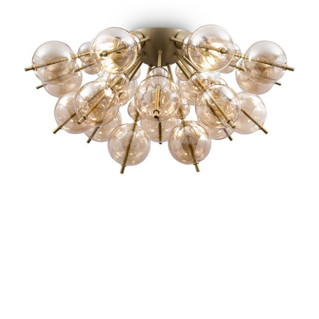 Plafoniera Contemporanea Bolla Metallo Ottone 4 Luci Diffusori Vetro Ambra