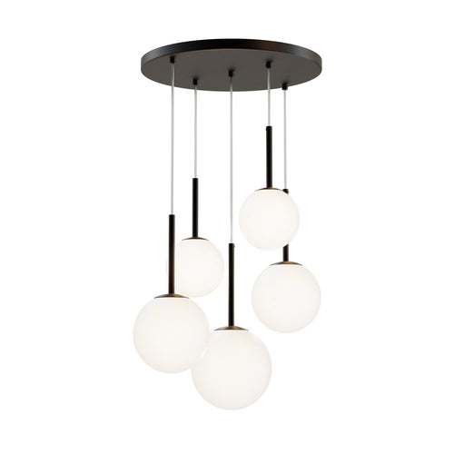 Lampadario Minimal Basic Form In Metallo Nero 5 Luci E Diffusori Bianchi