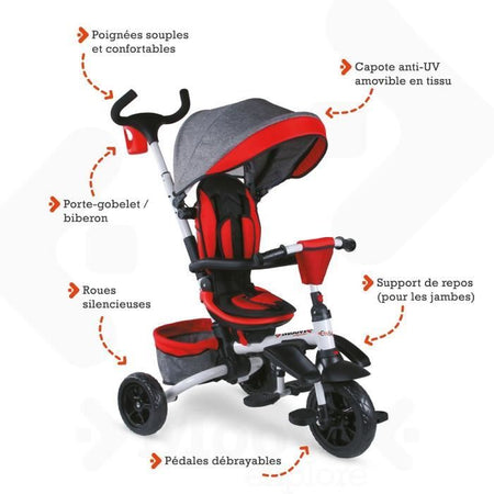 MONDO Triciclo evolutivo convertible y plegable con asiento giratorio - On & Go Moovi Explore - Rojo - 12 meses y más