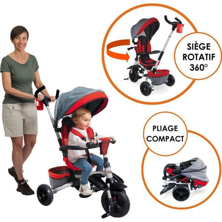 MONDO Triciclo evolutivo convertible y plegable con asiento giratorio - On & Go Moovi Explore - Rojo - 12 meses y más
