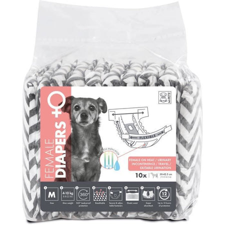 Pannolini per cani - M PETS - PANNOLINI - Femmina M x10 - Circonferenza vita 30-42,5 cm - 4-10 kg - Indicatore umidità - Protezione 12h
