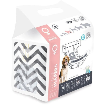 Pannolini per cani - M PETS - PANNOLINI - Femmina M x10 - Circonferenza vita 30-42,5 cm - 4-10 kg - Indicatore umidità - Protezione 12h