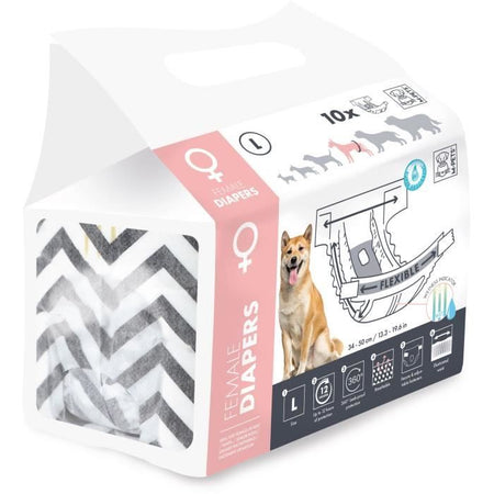 Pannolini per cani - M PETS - PANNOLINI Femmina L x10 - Circonferenza vita 32-52 cm - 8-15 kg - Indicatore umidità - Protezione 12h