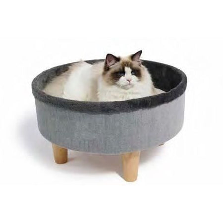 Letto rotondo rialzato - M PETS - ROUND - Grigio - 47 x 47 x 26 cm - Gamba in legno - Cuscino morbido