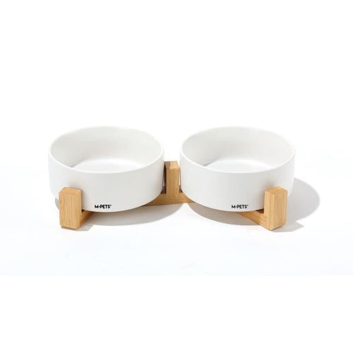 Ciotole in ceramica con supporto in bambù 2x350 ml - Mpets - OPERA - Bianco