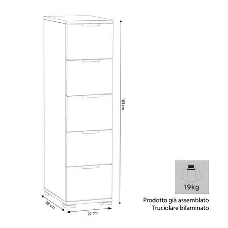GLICH - cassettiera 5 cassetti Rovere grigio